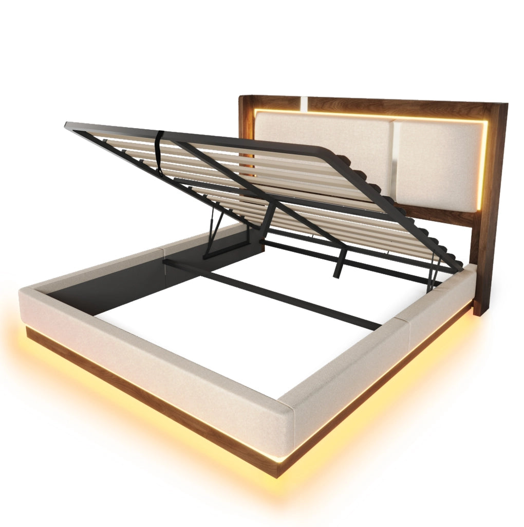 Letto matrimoniale 209x156x110 cm con LED; contenitore idraulico; in lino e legno beige