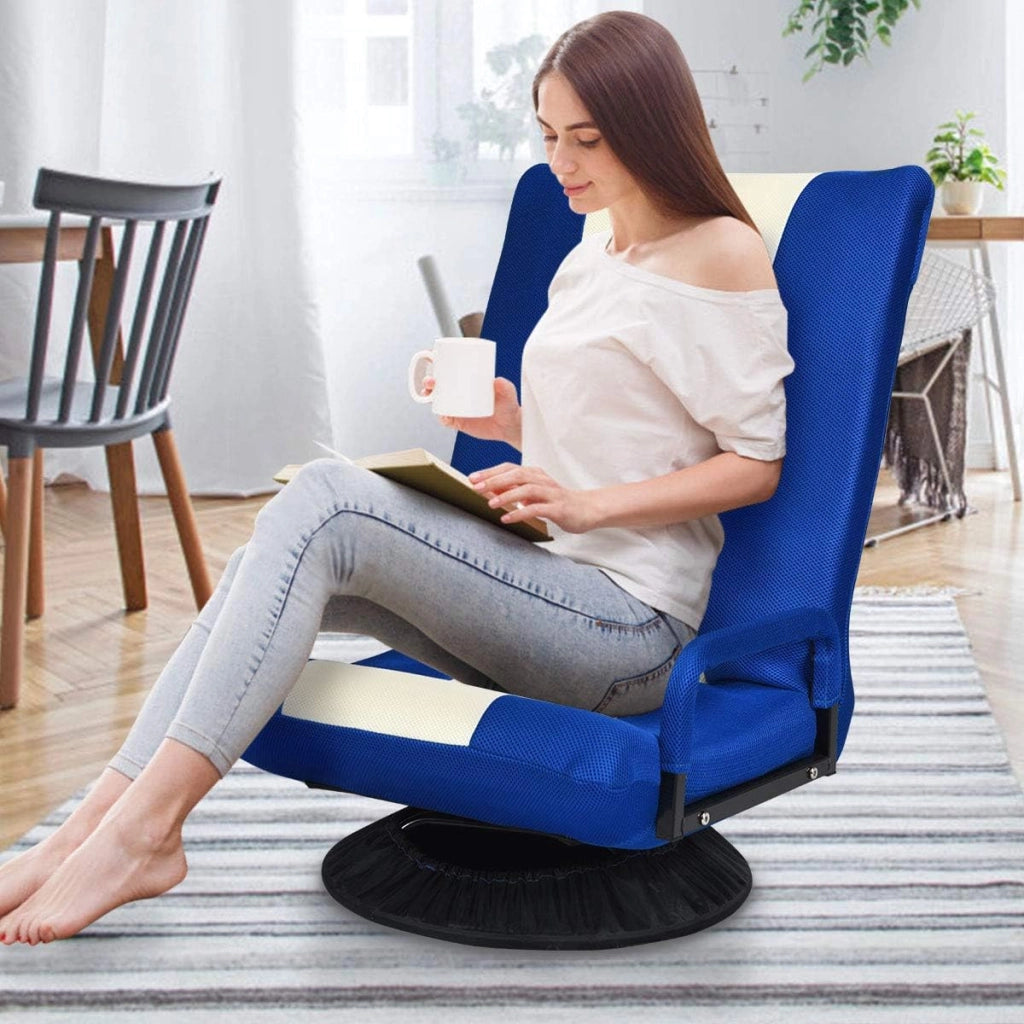 Poltrona da Pavimento, Pieghevole e Girevole, Reclinabile a 5 Livelli, Imbottita da Spugna, Portata di 150 kg, Ideale per Salotto e Ufficio, 55x87x75 cm, 2 Colori Disponibili (Blu)