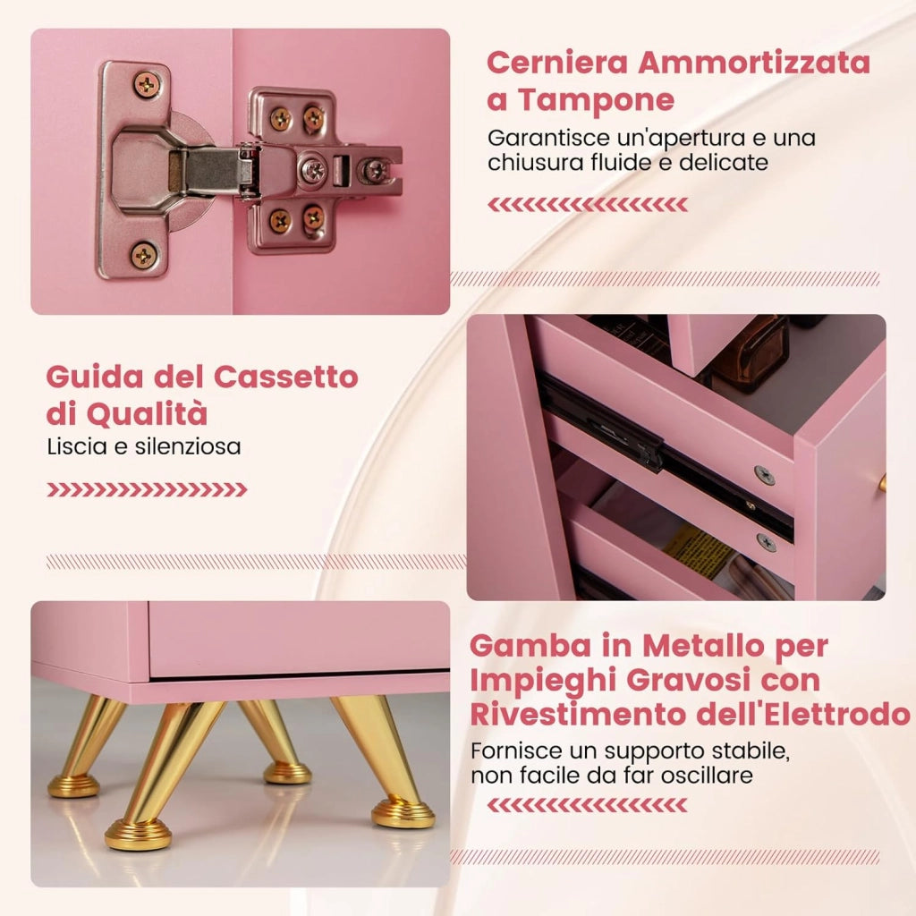 COSTWAY Tavolo per Manicure, Tavolo per Unghie con Cassetti, Cuscino Poggia Polsi e Gambe in Metallo, Stazione per Unghie Estetista Nail Art per Salone di Bellezza (Rosa)