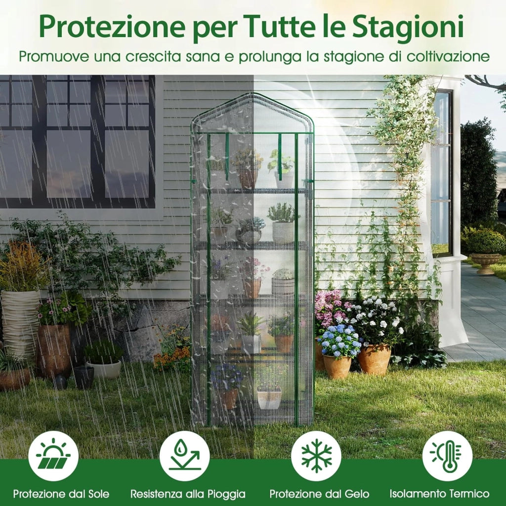 Mini Serra da Esterno ed Interno, Serra da Giardino con 5 Ripiani, Copertura in PE, Porta con Cerniera a Rotolo e Telaio in Metallo Antiruggine, Ideale per Balcone, Patio e Giardino