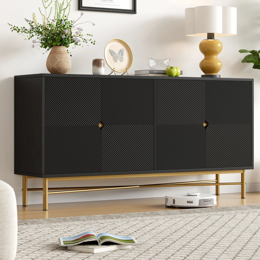 Credenza nera 160 cm a 4 ante con finitura a rilievo