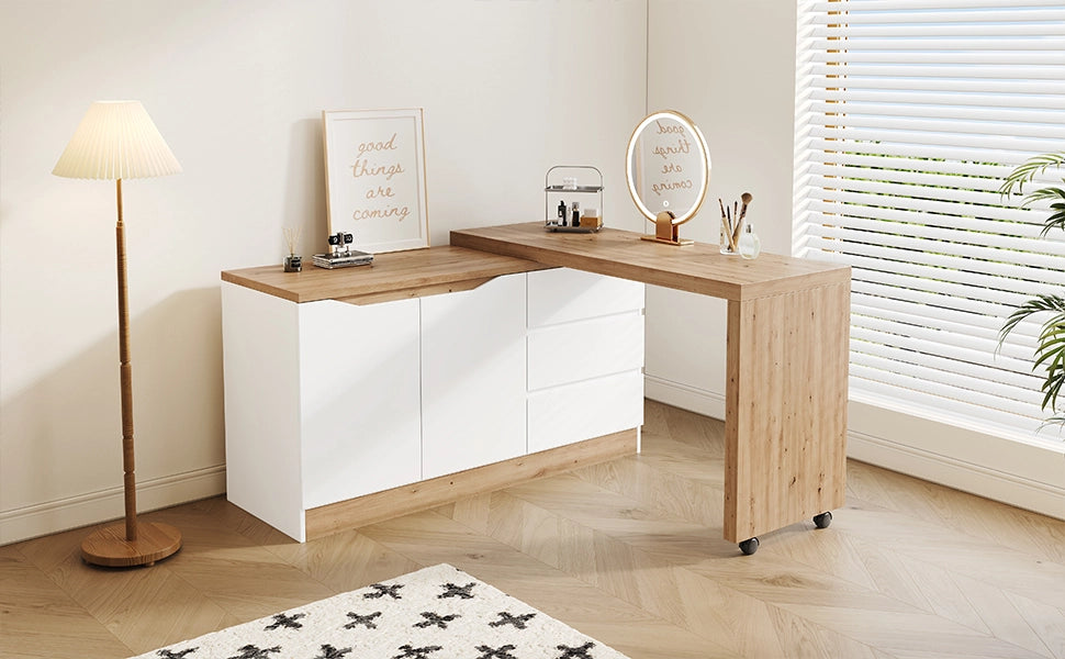 Scrivania pieghevole multifunzionale con 2 ante, 3 cassetti e ruote frenanti, per studio, bianco e rovere 120 × 50 × 78 cm