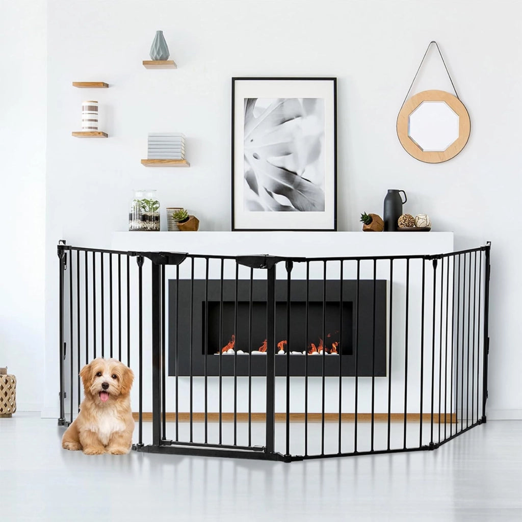 Cancelletto Pieghevole in Ferro per Camino e Scale, Cancello con 6 Pannelli per Bambini, Cani e Gatti, Barriera Protettiva da Interno ed Esterno, 2 Colori Disponibili, 380 x 74,5cm (Nero)