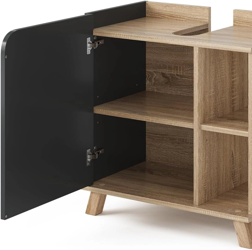 Mobiletto per lavabo Karen, Sonoma/antracite, 60 x 65 cm con porta e vani aperti, con ritaglio per sifone per il montaggio sotto il lavabo
