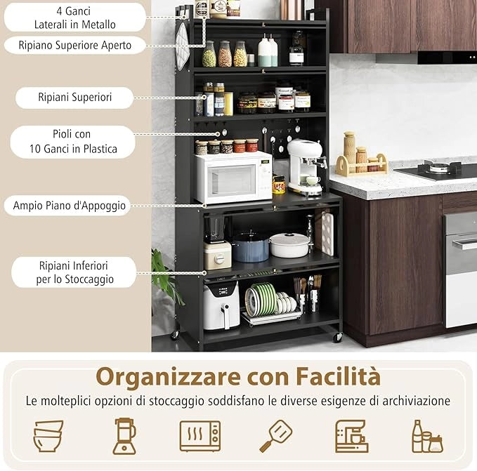 Credenza Alta per Cucina con 6 Ripiani e 4 Ante a Ribalta Traslucide, Mobile Cucina con Ruote e Panello a Ganci, Armadio Cucina Porta Microonde (80 x 40 x 178 cm,Nero)