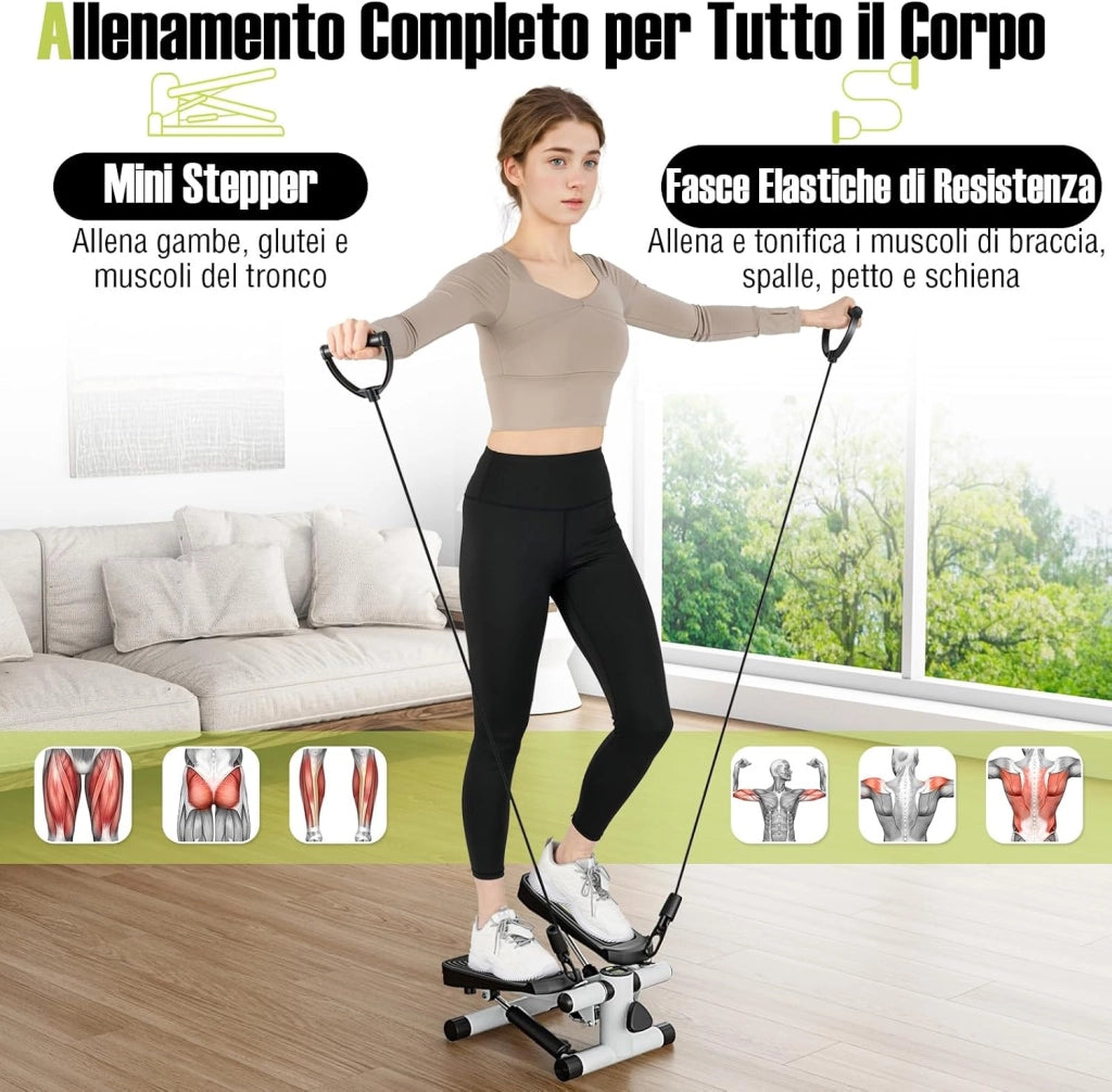 Mini Stepper per Esercizio a Casa, Stepper Idraulico con Fasce di Resistenza, Altezza Regolabile e Pedali Antiscivolo, Dispositivo per Allenamento Completo del Corpo