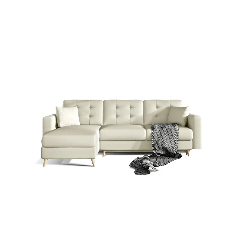 Divano angolare trasformabile HASGARD 3 posti beige 248x162 cm - con baule e piedi in legno