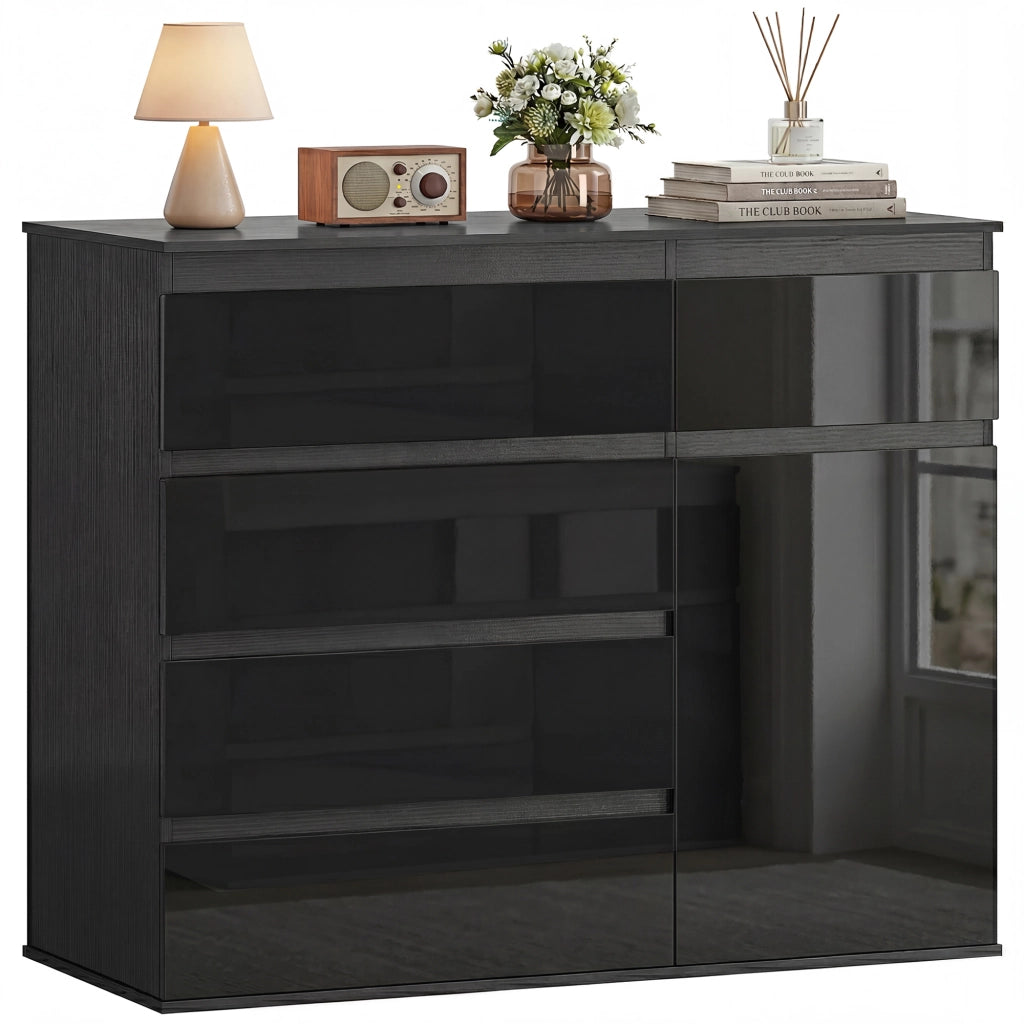 Cassettiera Moderna con 5 Cassetti, Ripiano Regolabile, Ante Soft-Close ¨C zephmum ¨C Nero Lucido