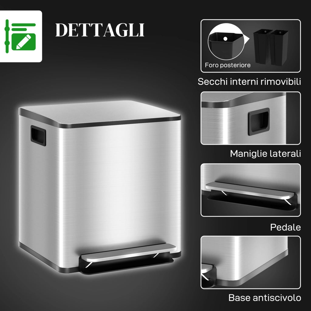 Bidone Immondizia a 2 Sezioni con Coperchio Silenzioso ¨C zephmum ¨C Acciaio Inox e PP, 41.8x36.7x44 cm