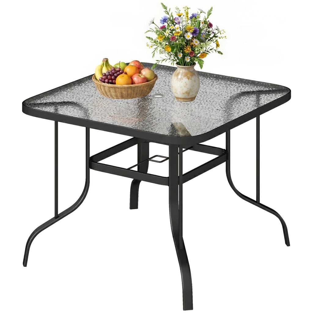 Tavolo da Giardino Quadrato a 4 Posti con Piano in Vetro e Foro per Ombrellone ?43 mm, Nero