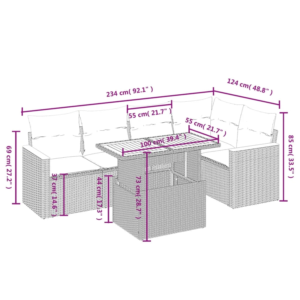 Set Divano da Giardino 6 pz con Cuscini Beige in Polyrattan