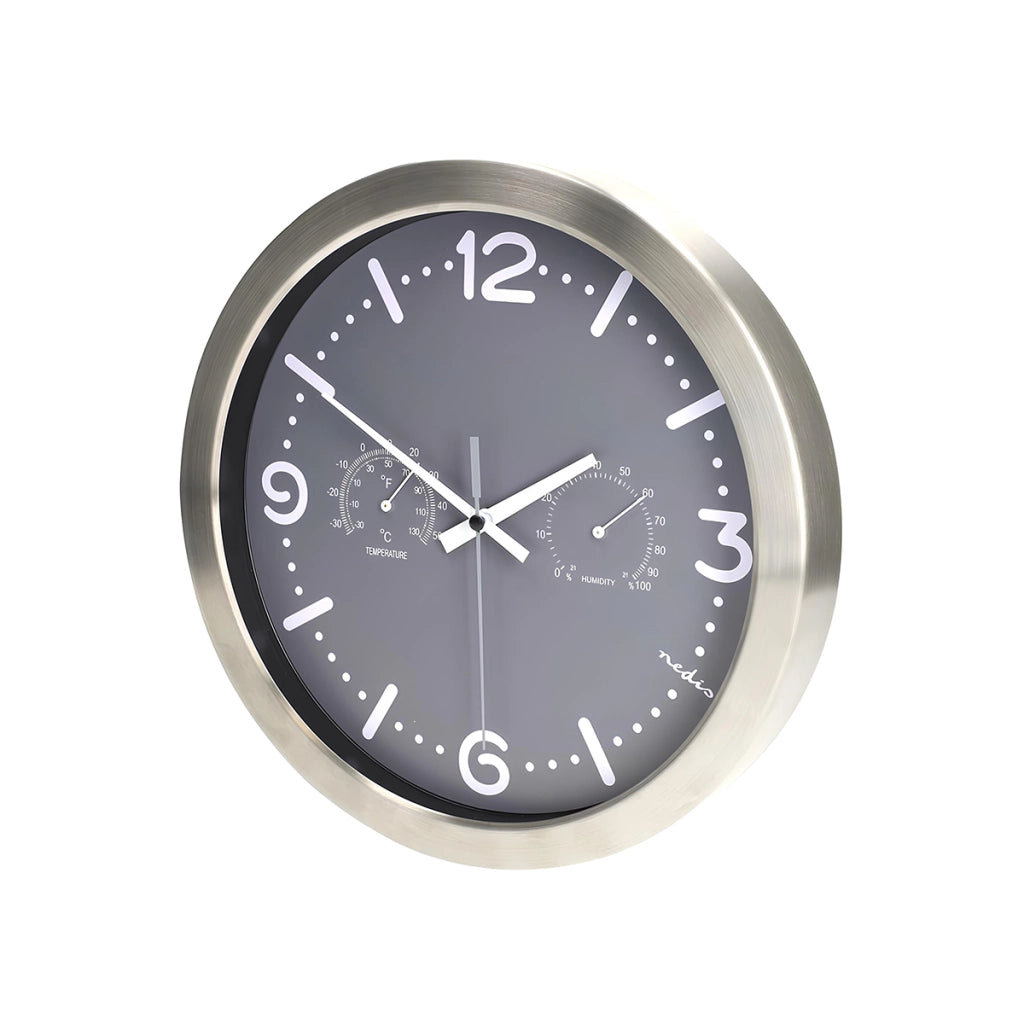 Orologio da Parete Analogico 30cmx30cm Silenzioso con Termometro e Igrometro Grigio Nedis