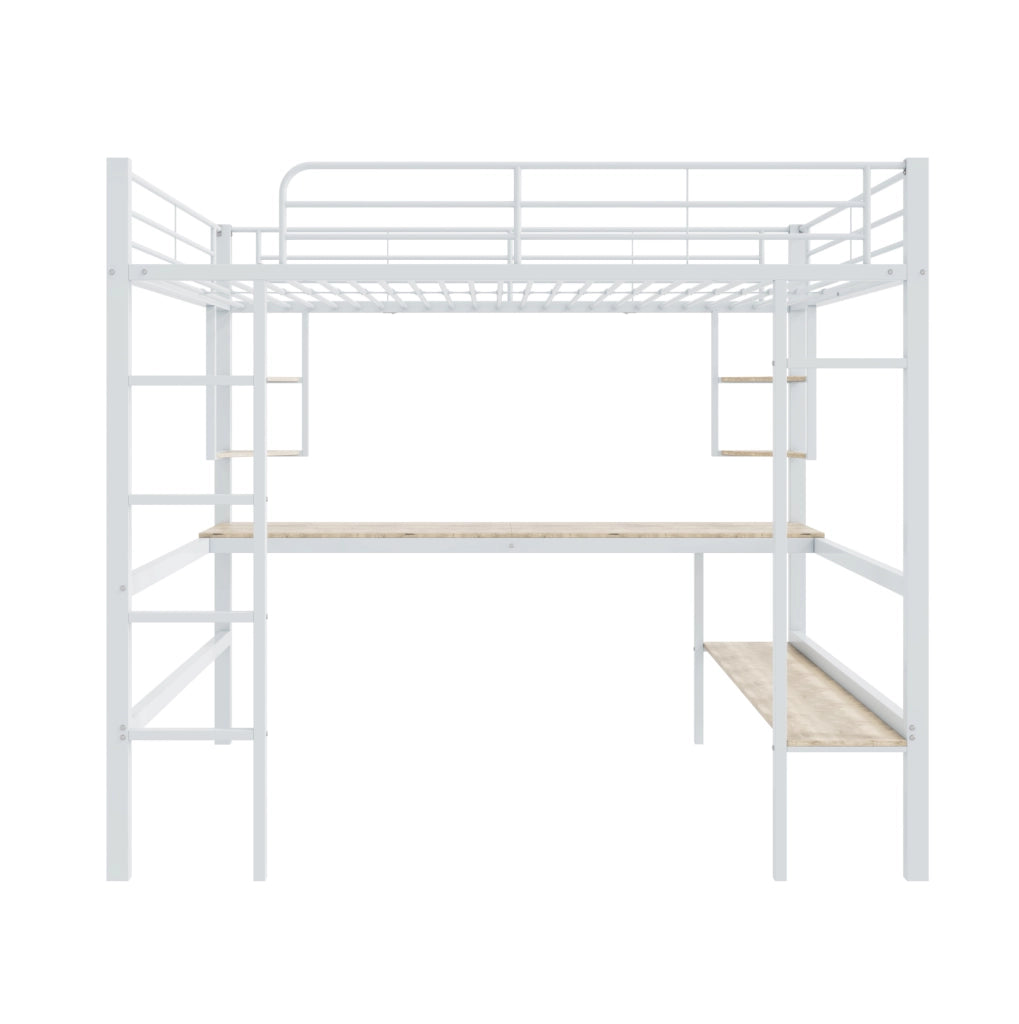 Letto a soppalco 140x200 cm con scrivania e libreria in metallo bianco