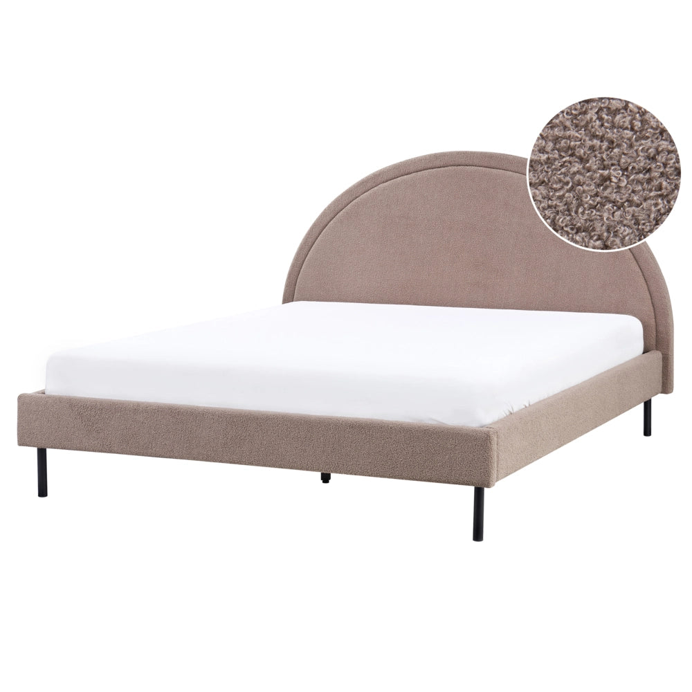 Letto matrimoniale in poliestere bouclè tortora imbottito con base a doghe e testiera rotonda 160 x 200 cm minimalista retrò