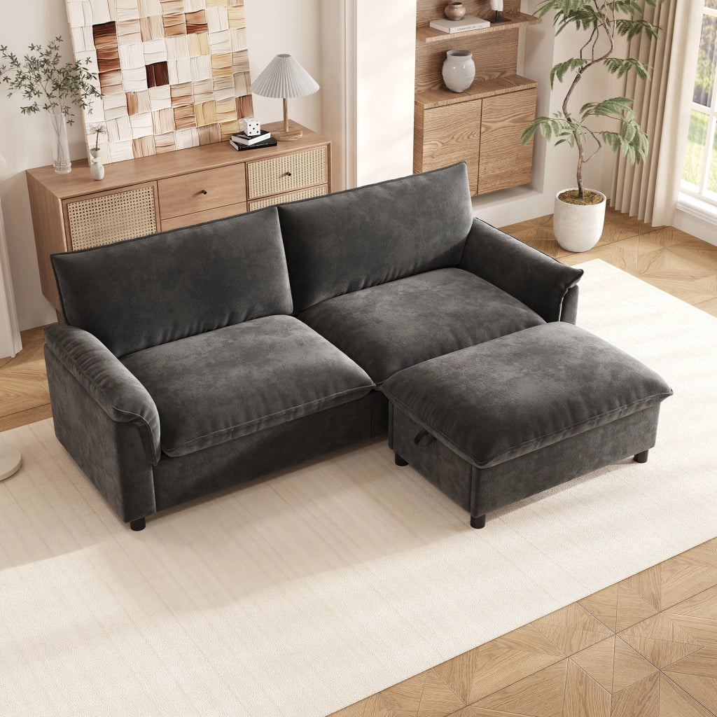 Divano modulare Cloud in chenille nero con pouf contenitore e funzione letto temporaneo