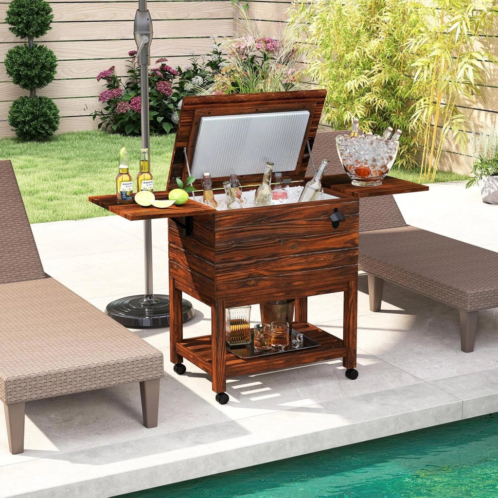Carrello Porta Ghiaccio in Legno, Carrello Refrigerante per Bevande da 51 L con Ripiani, Ruote Universali Bloccabili e Apribottiglie, Frigorifero Portavivande per Feste, Piscina e Terrazza