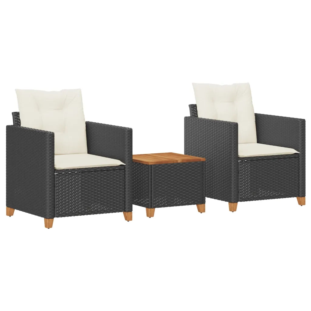 Set da BistrÃ² 3 pz con Cuscini Nero Polyrattan e Legno Acacia