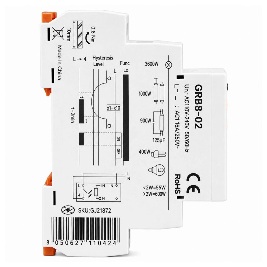 Relè Interruttore Crepuscolare Modulare, 220V 16A, Sensore Luce Esterno Incluso, Regolabile 1-10000 Lux, 1 Modulo Barra DIN