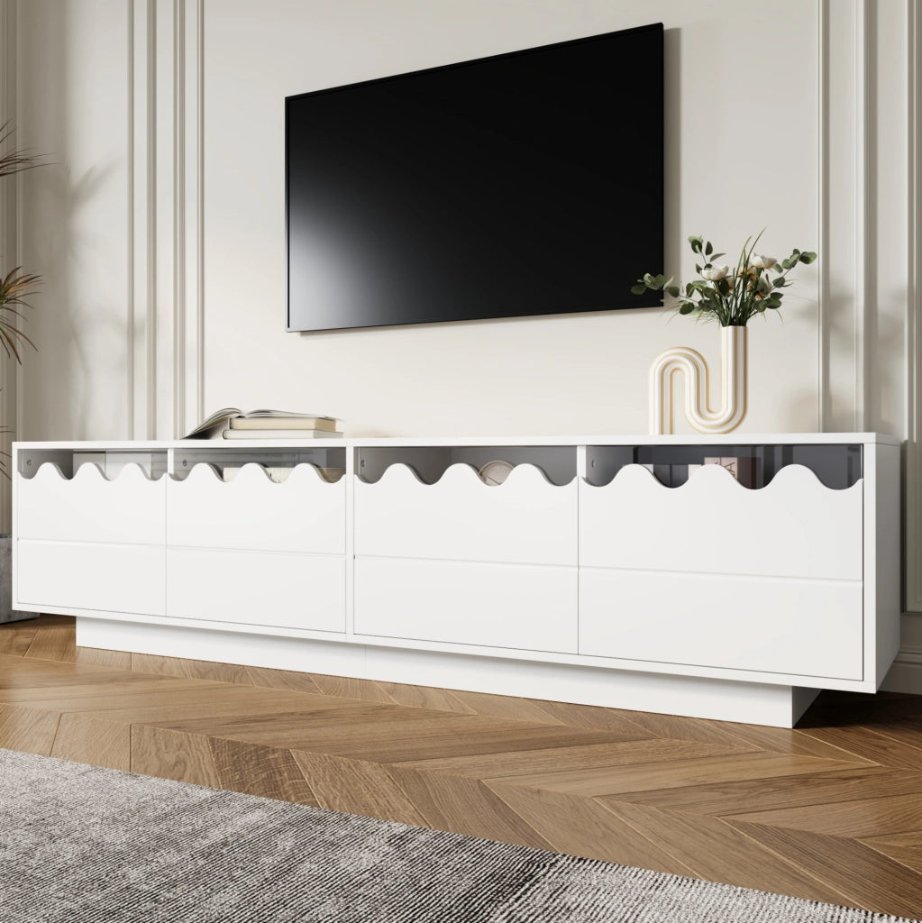 Mobile TV 170x40x45 cm con 4 ante e design ondulato in MDF e pannello truciolare bianco