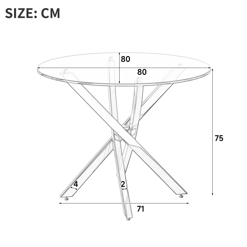 Tavolo rotondo 80x80x75 cm con piano in vetro temperato e gambe incrociate in metallo; oro