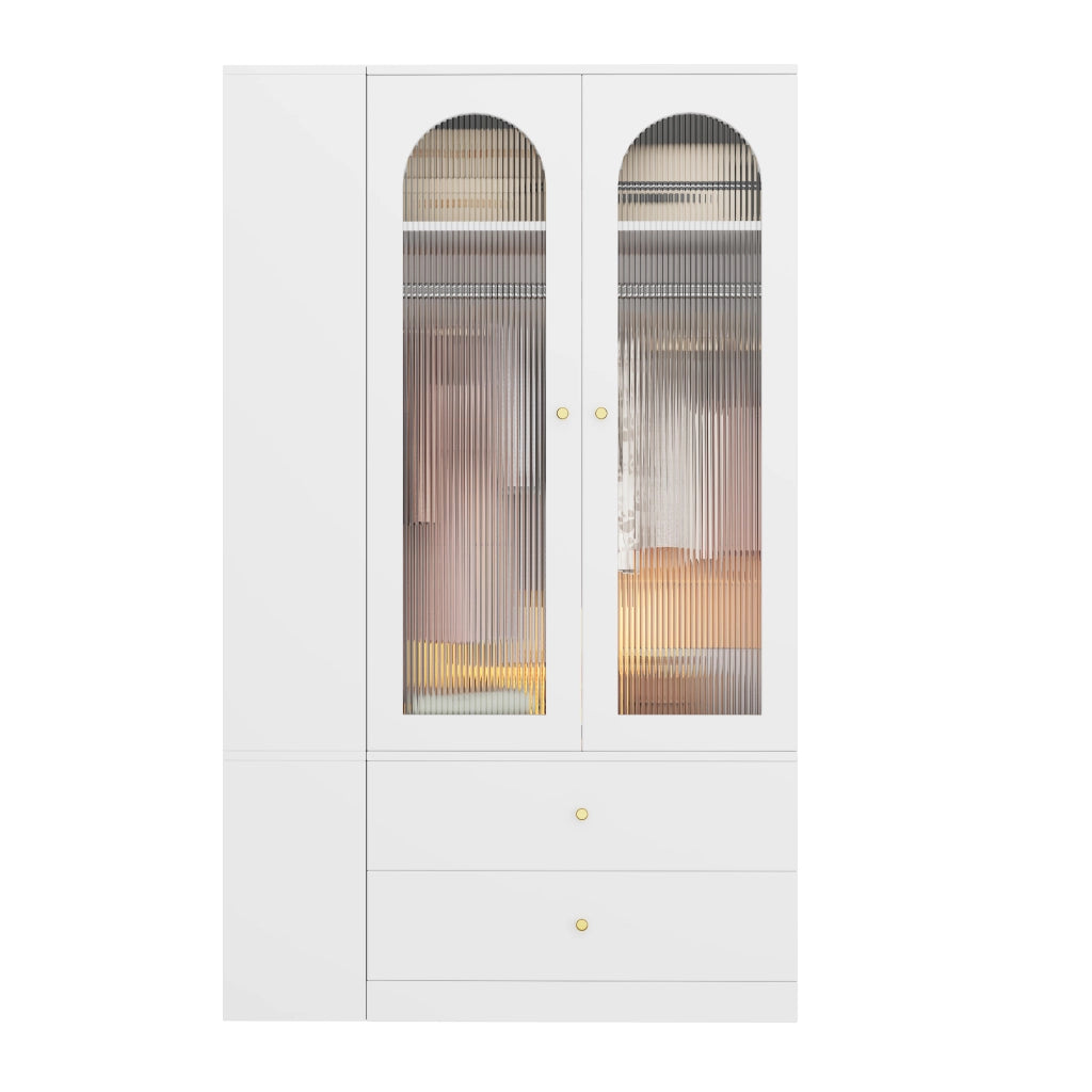 Armadio 120x50x200 cm con 4 cassetti e 2 ante in vetro MDF bianco
