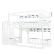 Letto a castello per bambini con armadio a scaletta, struttura in pino e MDF, bianco e blu, 90x200 cm