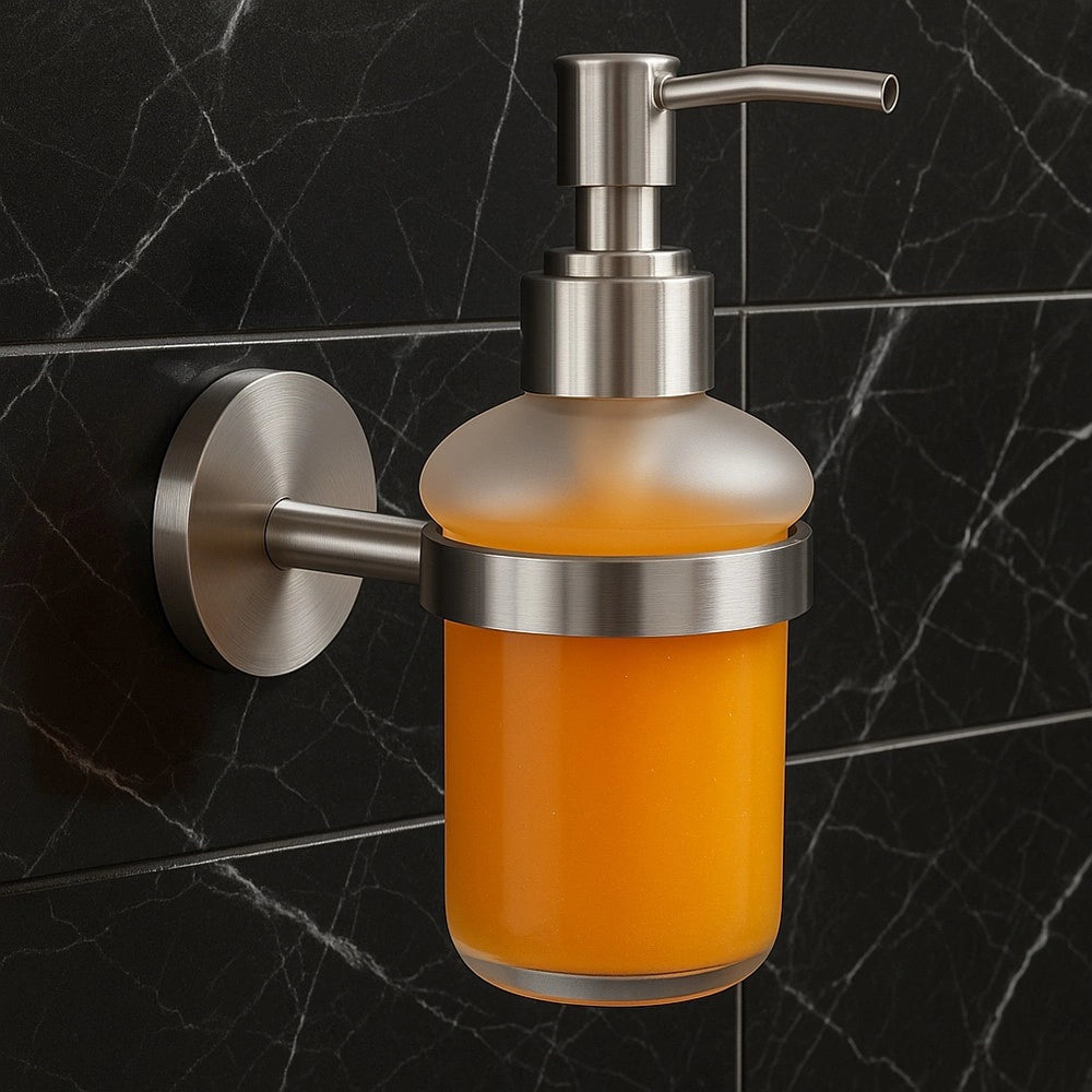 Trade Shop - Dispenser Porta Sapone Per Sapone Liquido In Acciaio Satinato Vetro Accessorio Bagno 87907 -