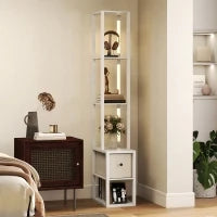 Lampada da Terra Moderna con Ripiani Aperti Cassetto di Tessuto e Interruttore a Pedale per Camera da Letto Soggiorno Bianco