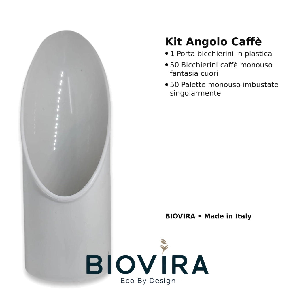 BIOVIRA Kit Angolo Caffè Bianco – Made in Italy | Porta Bicchierini + Bicchierini Cuori + Palette Imbustate