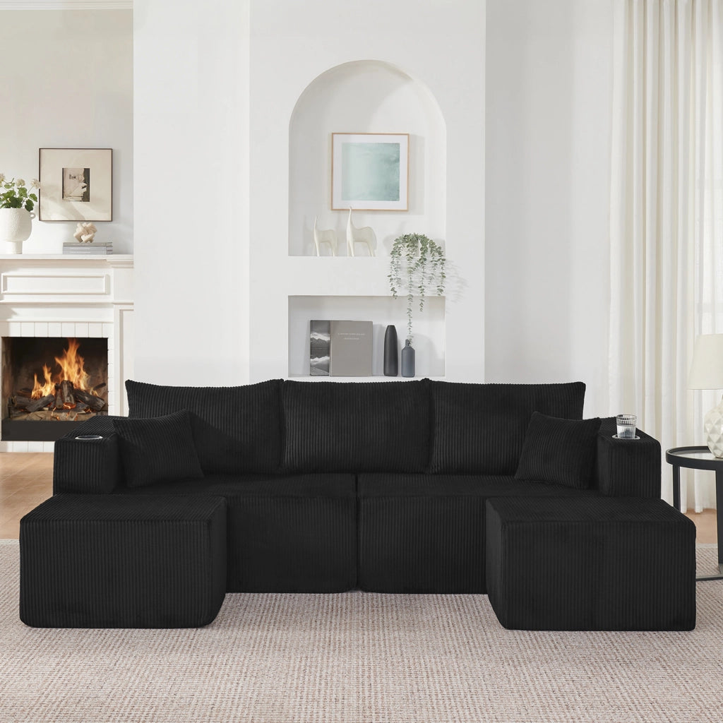 Divano angolare modulare 3 posti con pouf mobili portabicchieri tasche laterali e cuscini in velluto a coste nero