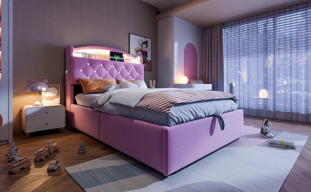 DESMIU Lit enfant 90 × 200 cm con contenitore, LED, 3 USB e Type-C, senza materasso, in velluto, rosa
