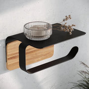Sostegno per Cartucce da Bagno 'Leif' - Con Pedana | Senza Foratura Necessaria (Autoadesivo) | Realizzato in Acciaio Inossidabile e Legno di Bambù Reale | Sostegno per Cartucce da Bagno/Sostegno per Cartucce WC per la Stanza da Bagno | Nero Opaco