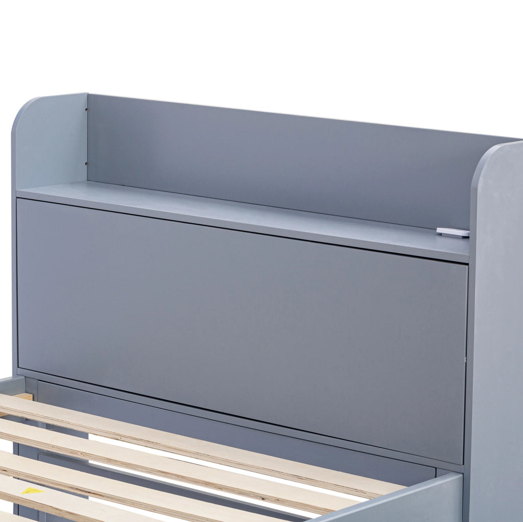Letto singolo in legno massiccio 90x190 cm con letto estraibile; 2 cassetti; USB; grigio