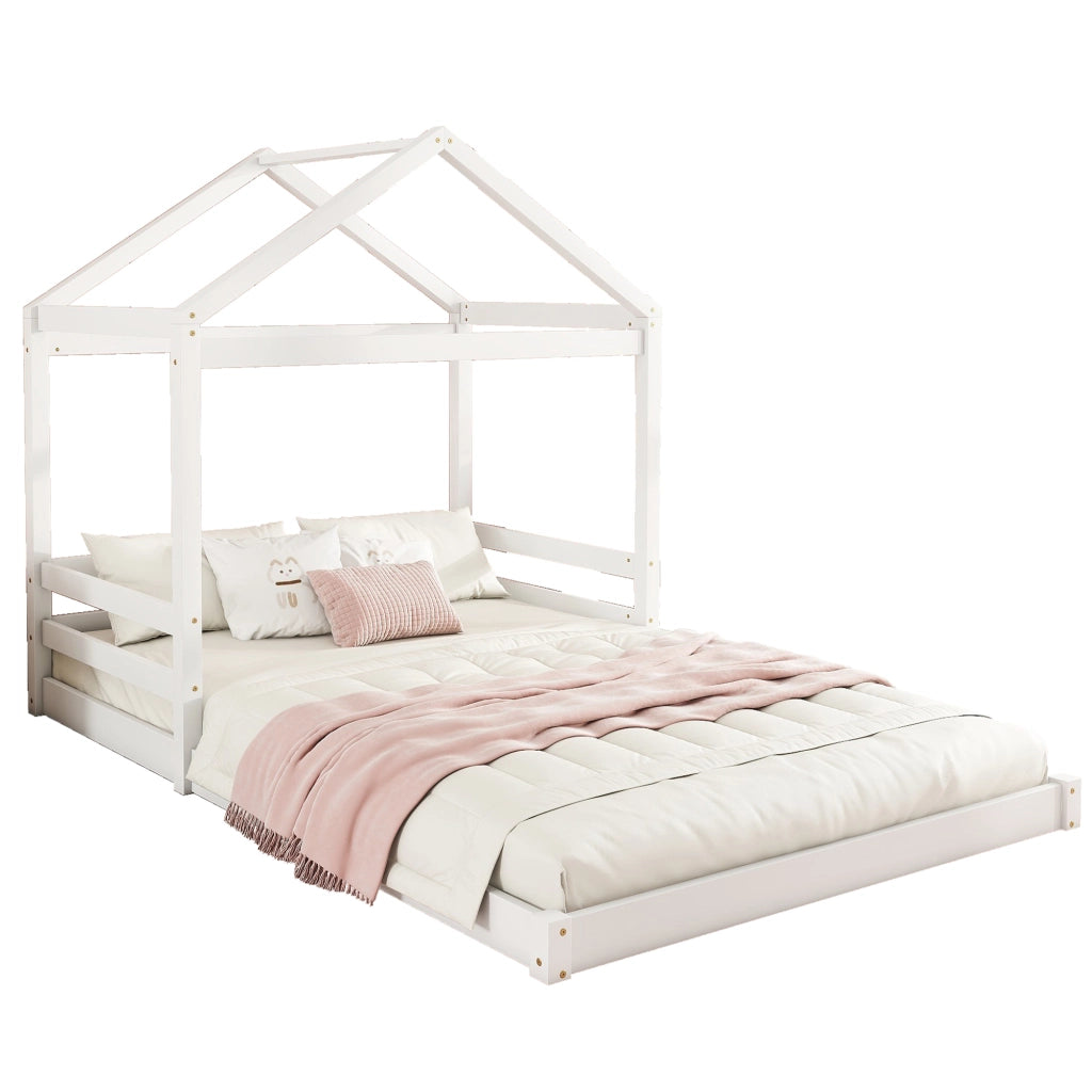 Letto a casetta per bambini 140x200 cm con rete a doghe, in legno di pino e MDF, bianco