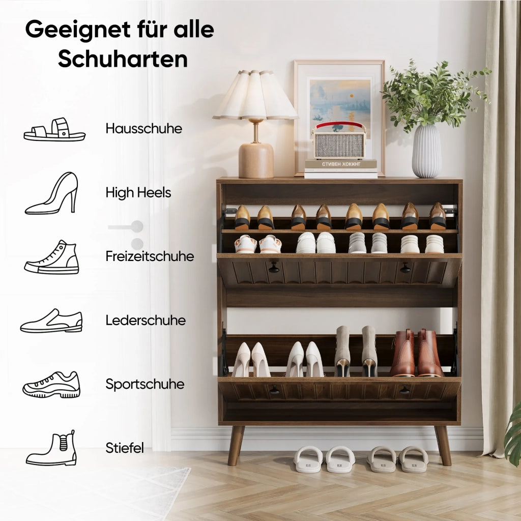 Scarpiera alta 80 cm color noce, design verticale scanalato stile medievale per ingresso e corridoio