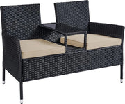 Set di banco per giardino - Divano per esterno - Mobili per terrazza - Struttura in acciaio - Sedili in rattan PE - Cuscini in schiuma - Tavolo in vetro resistente - Nero-Marrone scuro - 65 cm x 131 cm x 84 cm