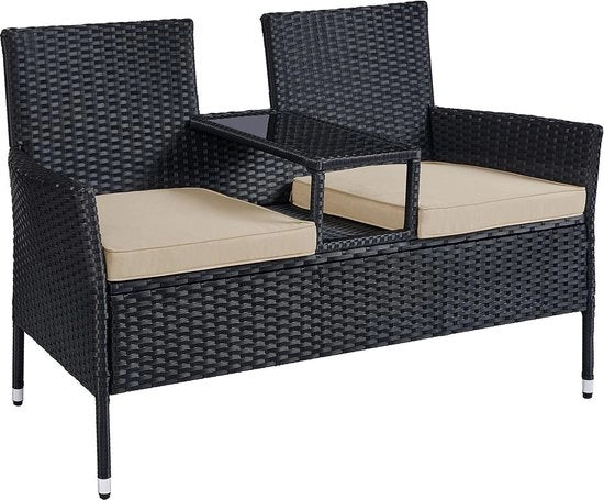 Set di banco per giardino - Divano per esterno - Mobili per terrazza - Struttura in acciaio - Sedili in rattan PE - Cuscini in schiuma - Tavolo in vetro resistente - Nero-Marrone scuro - 65 cm x 131 cm x 84 cm