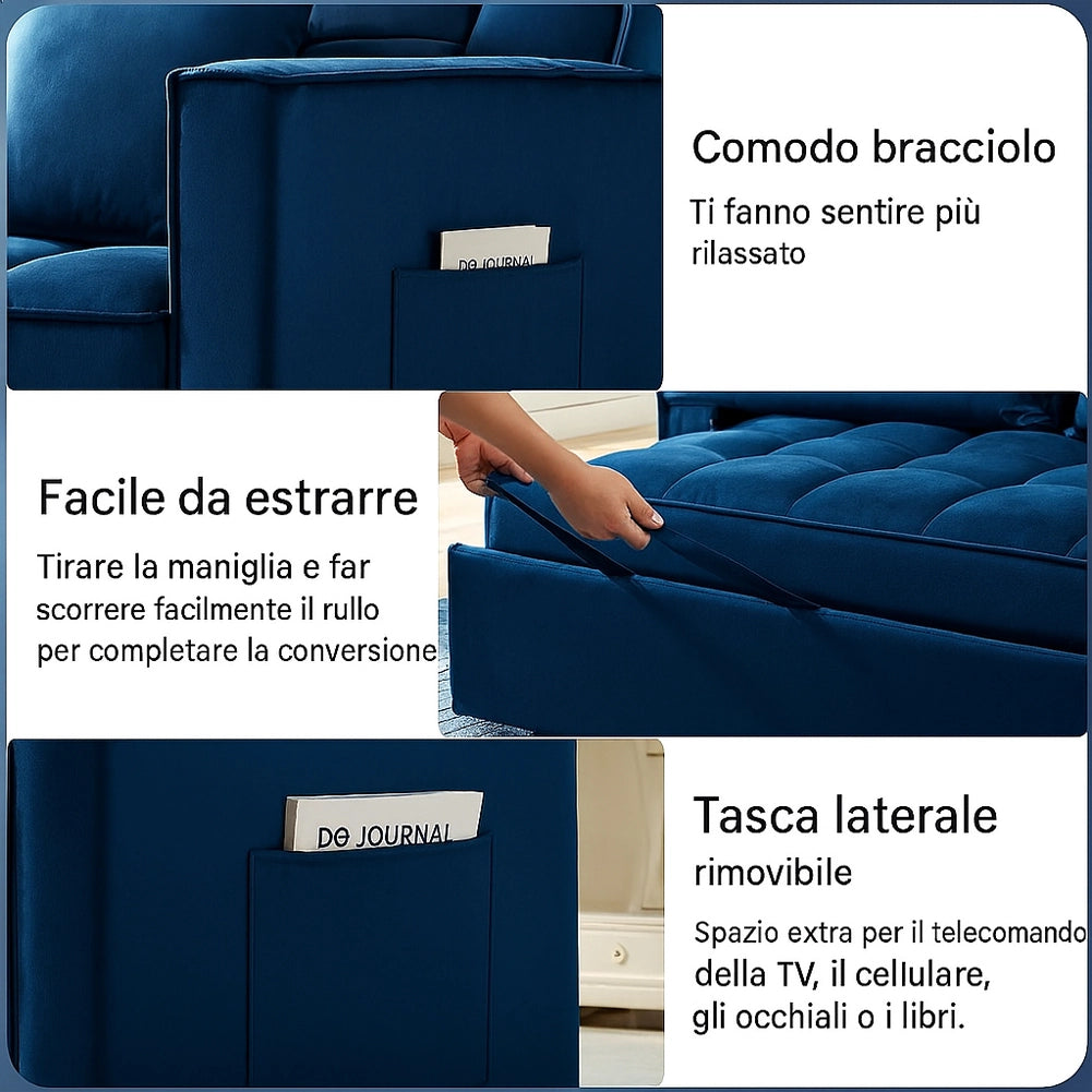 Divano Letto Apribile Reclinabile 3 Posizioni con Rivestimento in Velluto Blu