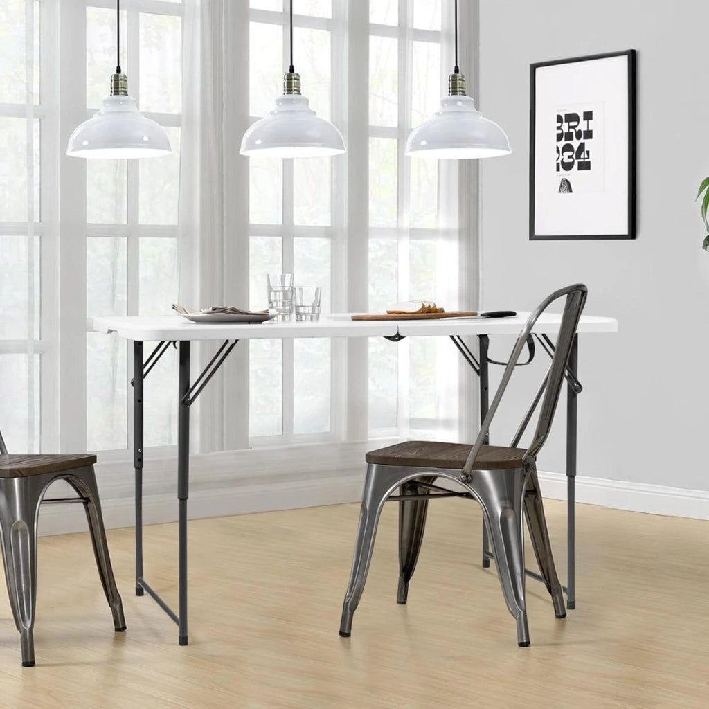 Tavolo da Campeggio Pieghevole, Tavolo da Giardino Portabile con Maniglia di Trasporto e Telaio in Acciaio, Regolabile in Altezza a 3 Posizioni, Portata di 150kg, 122x61x46/60/74cm, Bianco
