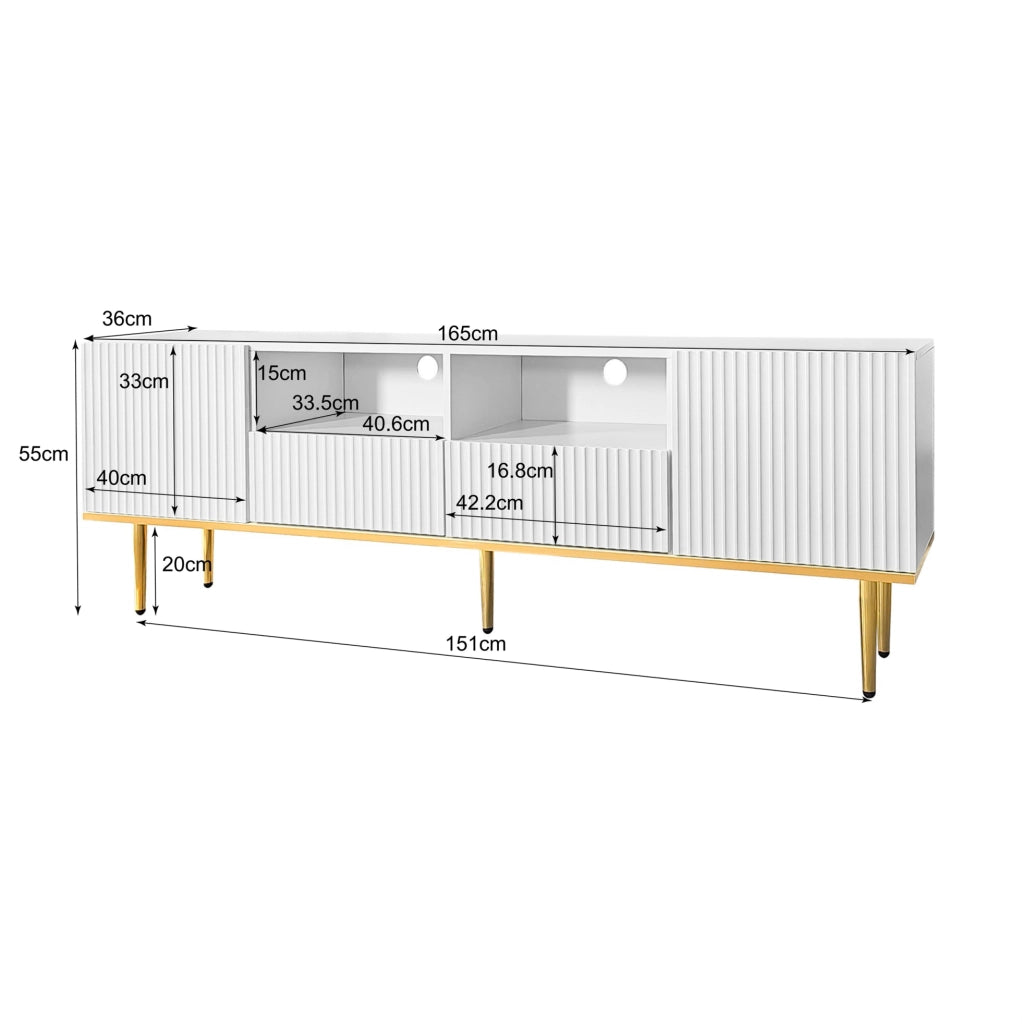 Mobile TV moderno 165 cm con 2 cassetti e 2 vani; dettagli oro; bianco