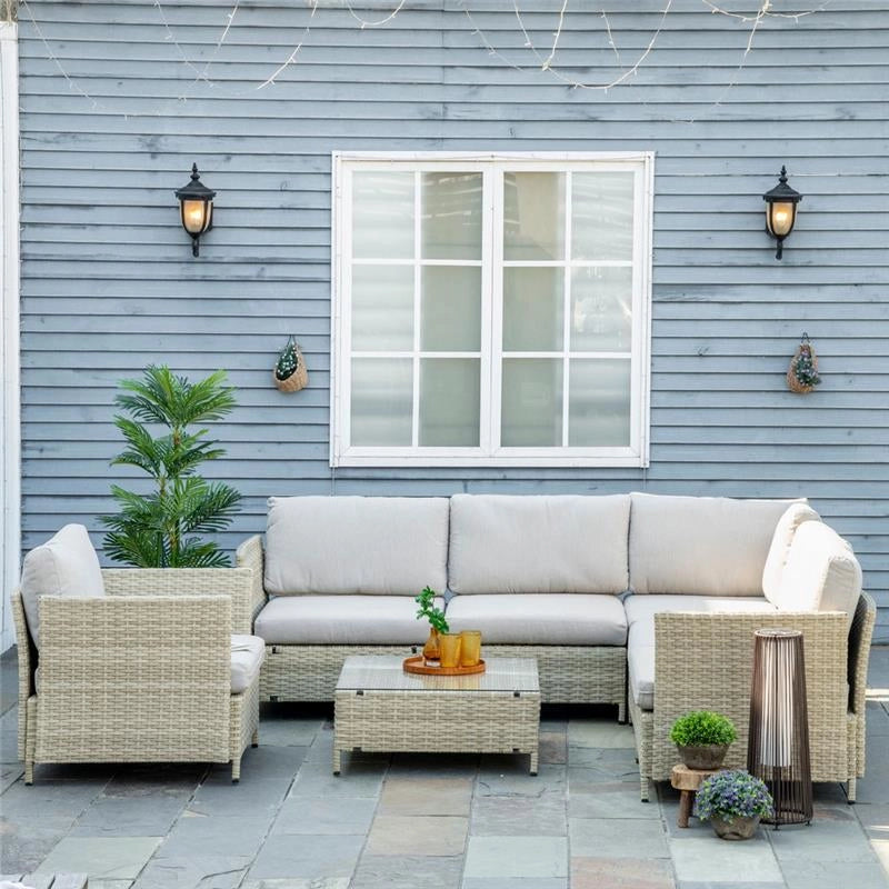 SALOTTO DA GIARDINO 7 PEZZI MODULABILE IN RATTAN PE CON CUSCINI, BEIGE