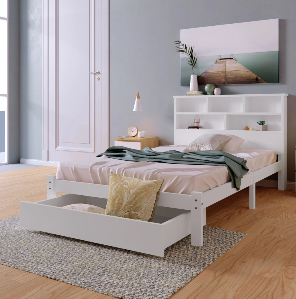 Letto singolo 90x200 cm con testiera a libreria e cassetti; in legno massello e MDF; bianco