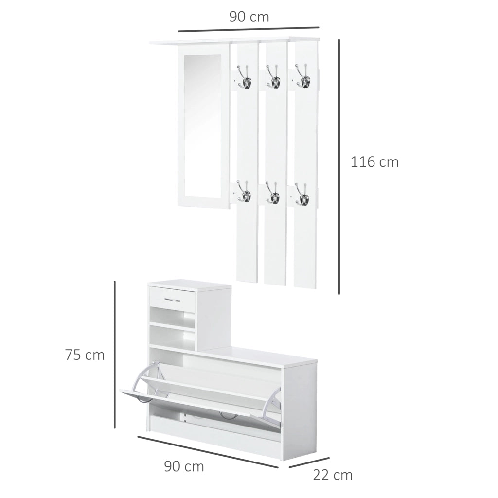 EasyComfort Set Mobili Ingresso Moderno con Scarpiera e Specchio, Appendiabiti da Ingresso con 6 Ganci, 2 Ripiani Regolabili e Cassetti in Legno per Corridoio, 90x24x166 cm, Bianco