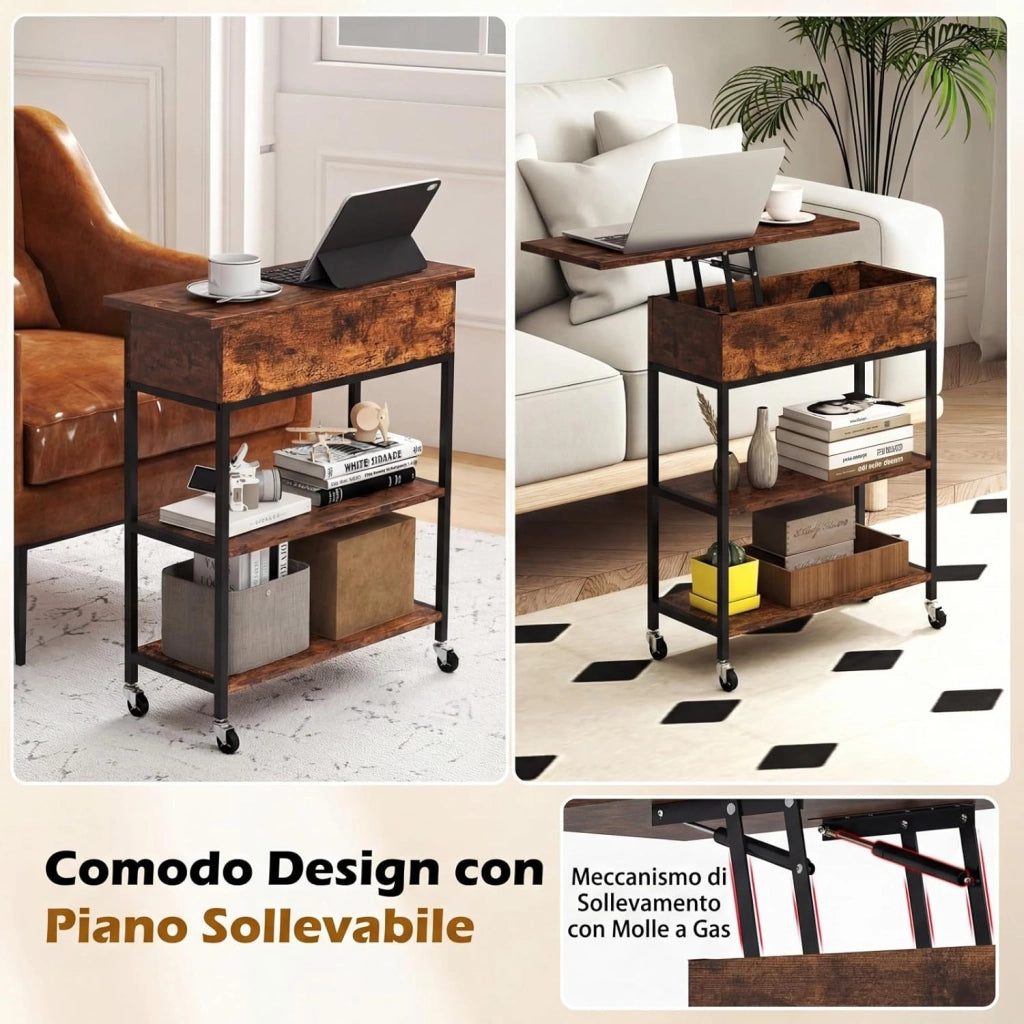 Tavolino con Piano Sollevabile e Stazione di Ricarica, Tavolino Laterale con Ruote Bloccabili, Contenitore Nascosto e Ripiani Aperti, Mobile per Camera da Letto e Soggiorno
