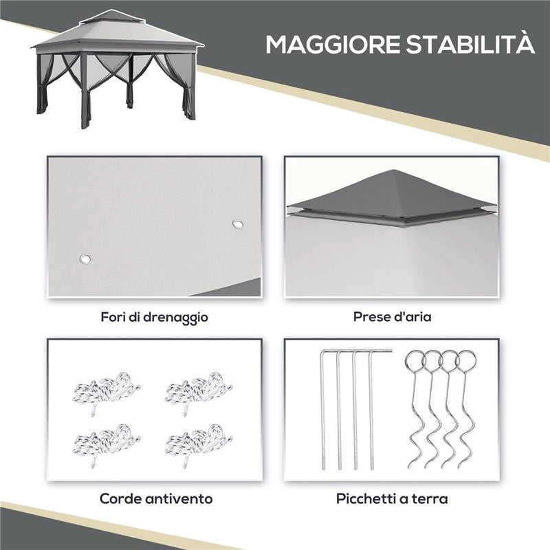 GAZEBO CON ZANZARIERE REGOLABILE SU 3 LIVELLI IN ACCIAIO E TESSUTO OXFORD 326X326X272 CM GRIGIO CHIARO E SCURO