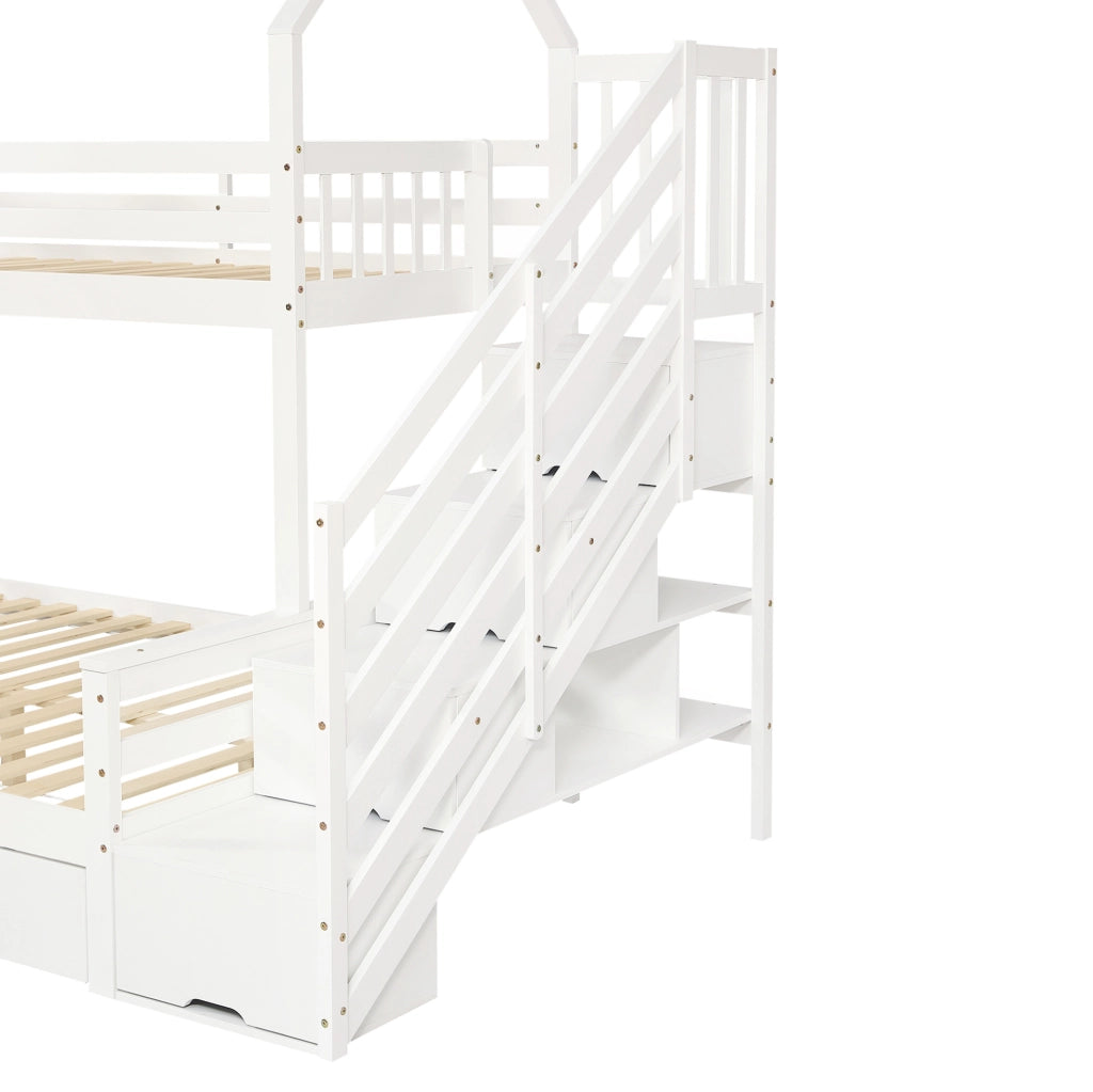 Letto a castello per bambini con scala contenitore e 2 cassetti bianco