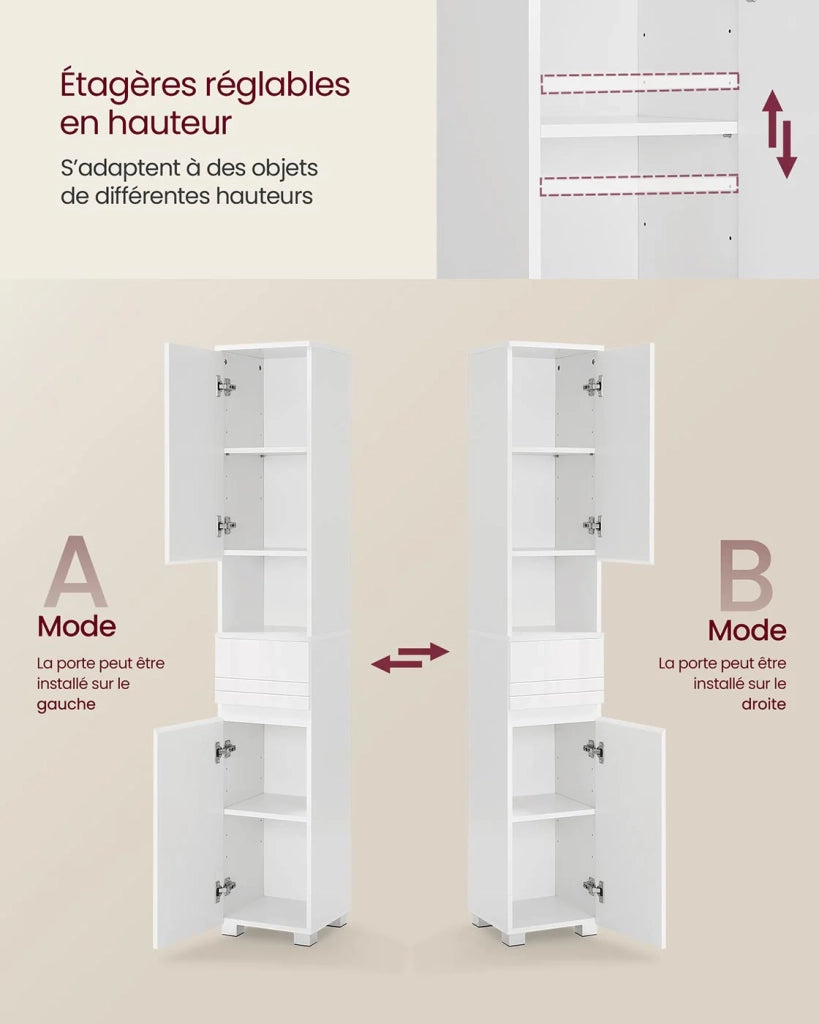 Mobiletto da bagno mobile contenitore colonna con cassetto ripiani regolabili scomparti 30 x 30 x 170 cm bianco 12_0004018