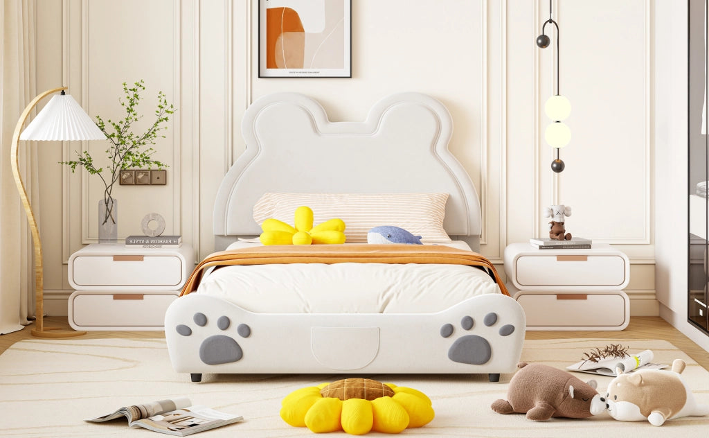 Letto bambini a forma di orso imbottito 140x200 cm in velluto bianco