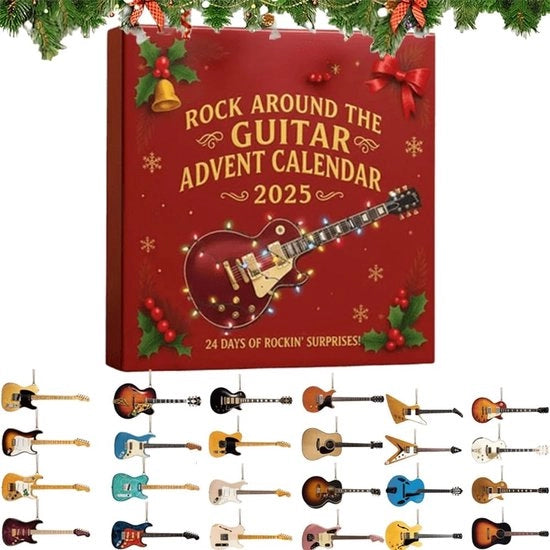 Calendario di Natale per Chitarristi, Calendario di Avvento per Chitarristi, con 24 mini chitarre raccolgibili - ogni una un omaggio alla storia musicale di un musicista