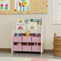 Scaffale Portagiochi con 6 Cassetti in Tessuto e Libreria a 2 Livelli, in Legno e Acciaio, 63x30x71 cm, Rosa